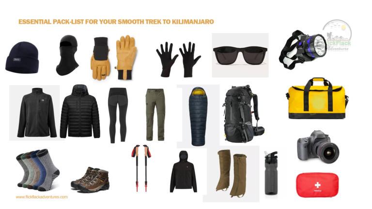 the image showing all essential gear to pack for kilimanjaro